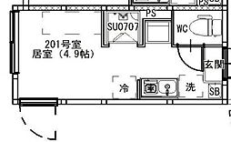 Ｂｌｕｅ Ｓａｎｄｓ 2階ワンルームの間取り