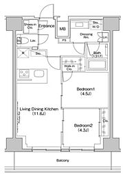 ザ・パークハビオ入谷 14階2LDKの間取り