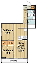 リエージュ 3階2LDKの間取り