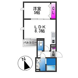 グローハイツ若江 1LDKの間取図画像