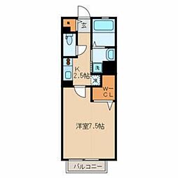 ソレイユEAST 2階1Kの間取り