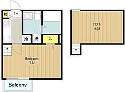 小田急小田原線 小田急相模原駅 徒歩14分の賃貸アパート 2階1Kの間取り