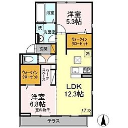 リヴィール ソワIII 1階2LDKの間取り