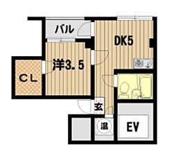 インペリアルビル 2階1DKの間取り