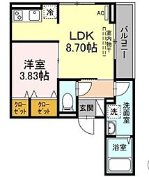 アナシエ南篠崎町II 2階1LDKの間取り