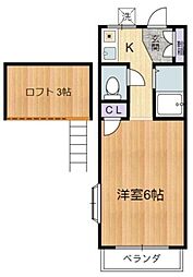 ハイツポストサイド 2階1Kの間取り