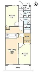 ウッドフィールド久が原 3階2LDKの間取り