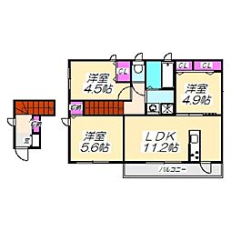 JR阪和線 上野芝駅 徒歩4分の賃貸アパート 2階3LDKの間取り