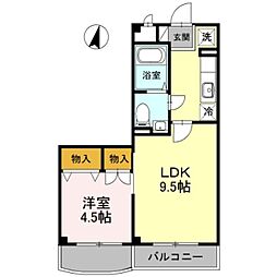 プラシード新越谷 2階1LDKの間取り
