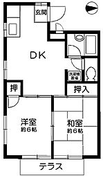グリーンパティオ A棟 1階2DKの間取り