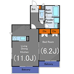 ル・プティ・ニ弦巻 2階1LDKの間取り