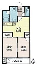 JR山手線 目黒駅 徒歩15分の賃貸マンション 3階2DKの間取り