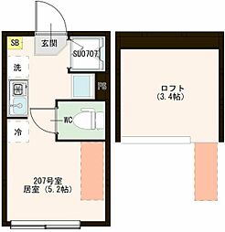 ハーモニーテラス高松I 2階ワンルームの間取り