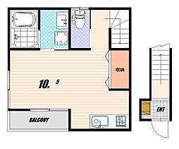 プリッ2御崎 2階ワンルームの間取り