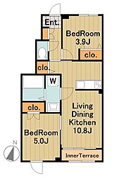 多摩都市モノレール 大塚・帝京大学駅 徒歩10分の賃貸マンション 1階2LDKの間取り