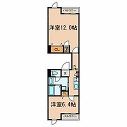 サザンフロント新富町 3階2Kの間取り