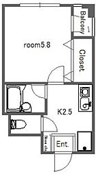 クレセント吉村 2階1Kの間取り
