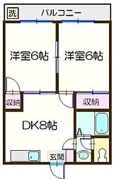 栗原マンション湖畔 2階2DKの間取り