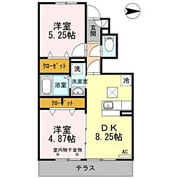 グローリー シャンテ 1階2DKの間取り