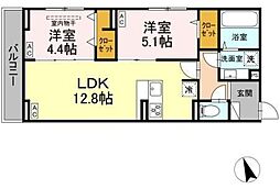 JR中央線 三鷹駅 徒歩16分の賃貸アパート 3階2LDKの間取り