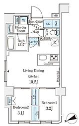アジールコート山手動坂 7階2LDKの間取り
