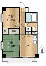 JR横浜線 橋本駅 徒歩5分の賃貸マンション 6階2DKの間取り