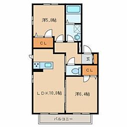 フェリス幸田 A 2階2LDKの間取り