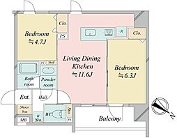 クロスレジデンス日本橋浜町 6階2LDKの間取り