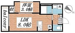 カーサリッツ八千代台 2階1LDKの間取り