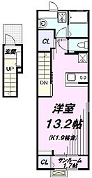 JR青梅線 福生駅 徒歩5分の賃貸アパート 2階ワンルームの間取り