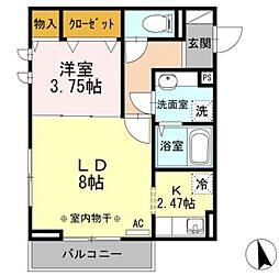 サニーヒルズ立花 3階1LDKの間取り