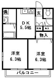 グリーンドエル 2階2DKの間取り