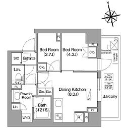 コンフォリア・リヴ門前仲町EAST 2DKの間取図画像