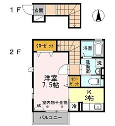 ピヴォワーヌ 2階1Kの間取り