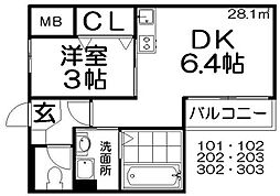 ベルメゾン8番館 2階1DKの間取り