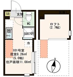 ハーモニーテラス神谷IV 1階ワンルームの間取り