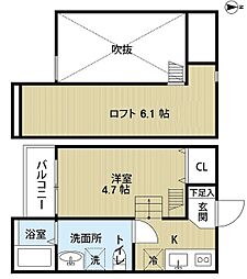 シュエット鳳 2階1Kの間取り