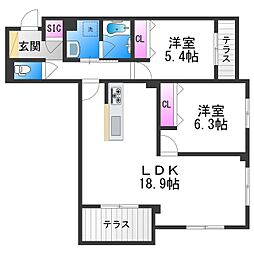 アリビオ 田辺 2LDKの間取図画像