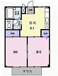 サンシティコスモ A 1階2DKの間取り