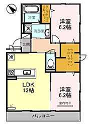 ヴェルデュール梅町 1階2LDKの間取り