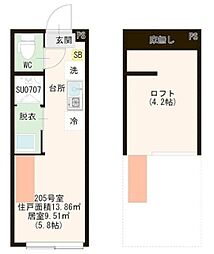 ハーモニーテラス見次公園 1階ワンルームの間取り