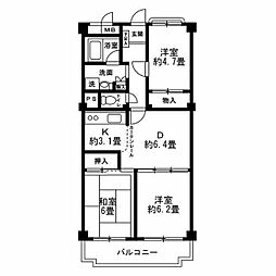 川崎大師パークフアミリア 3階3DKの間取り