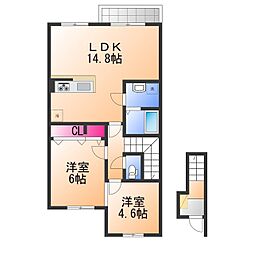 JR阪和線 富木駅 徒歩12分の賃貸アパート 2階2LDKの間取り