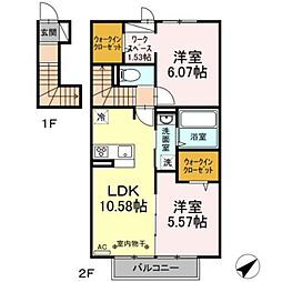 京王高尾線 めじろ台駅 徒歩10分の賃貸アパート 2階2LDKの間取り