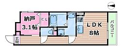 おおさか東線 放出駅 徒歩9分の賃貸マンション 3階1LDKの間取り