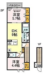 アンジュール等々力 2階2DKの間取り