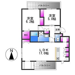 近鉄奈良線 河内花園駅 徒歩14分の賃貸アパート 2階2LDKの間取り