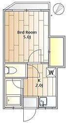 東が丘ハイツ 2階1Kの間取り