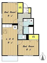エスポワールみなみ野B 1階2LDKの間取り