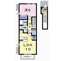 ブルーシエル浜の宮II 2階1LDKの間取り